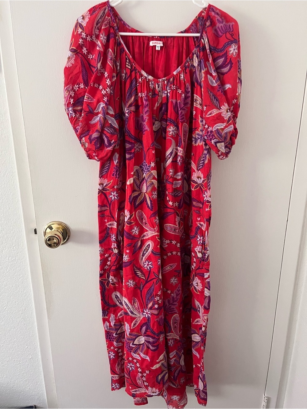 Sundry Women's Red Floral Puff Sleeve Soft Relaxed Drape Classic Paisley 2